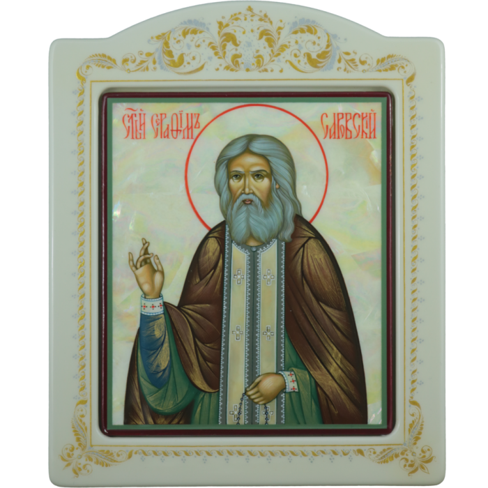 Icon on natural mother-of-pearl "Seraphim of Sarov" with gold leaf